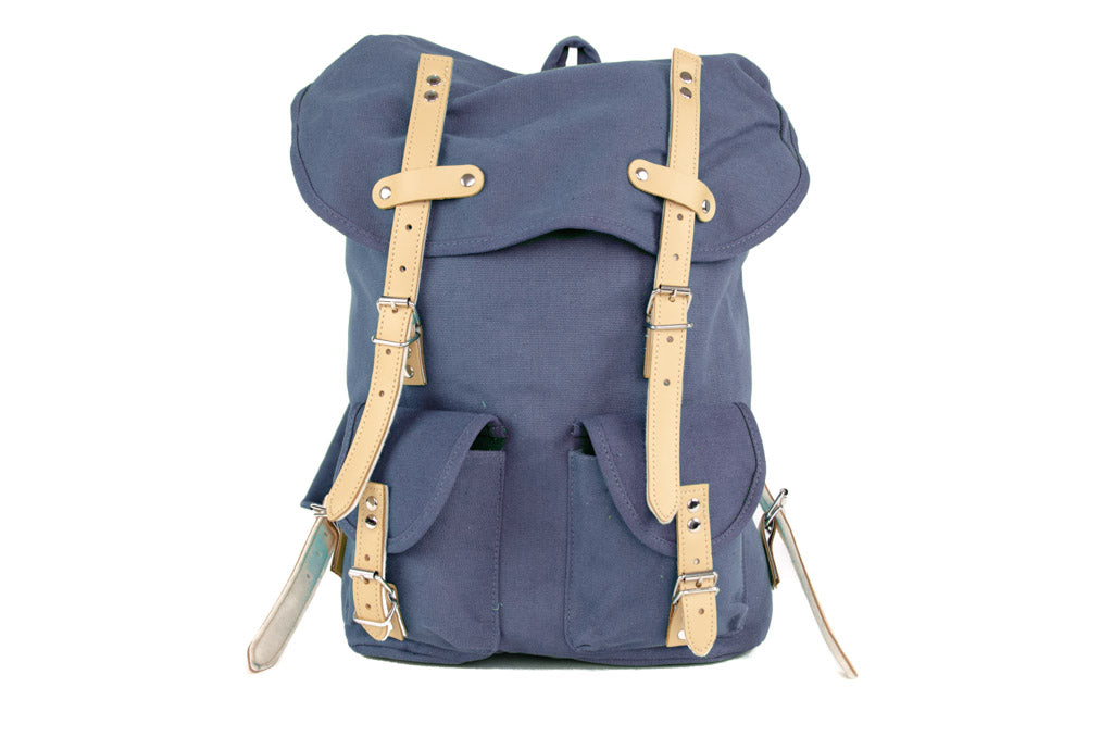 RU131 Baumwoll-Wander-Rucksack mit Echt-Leder-Strippen 15L Blau