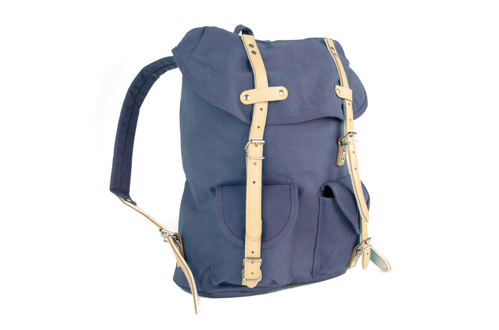 RU131 Baumwoll-Wander-Rucksack mit Echt-Leder-Strippen 15L Blau
