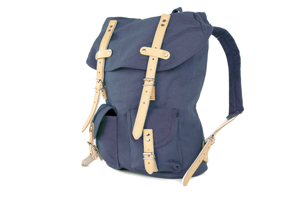 RU131 Baumwoll-Wander-Rucksack mit Echt-Leder-Strippen 15L Blau