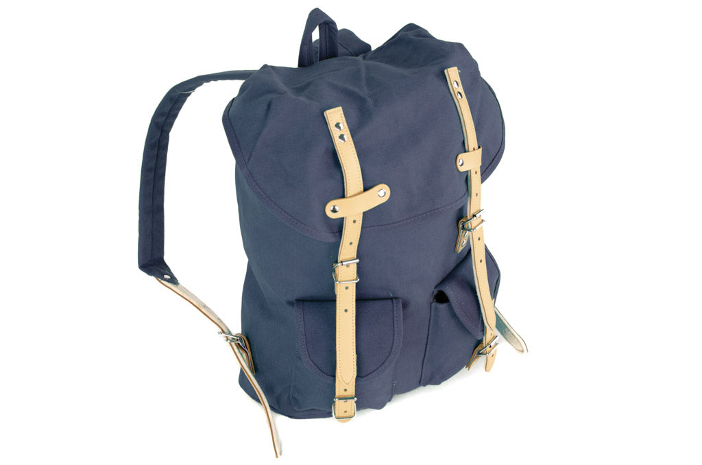 RU131 Baumwoll-Wander-Rucksack mit Echt-Leder-Strippen 15L Blau